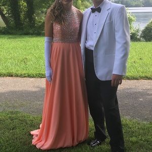 Coral peach formal prom dress rhinestone accents